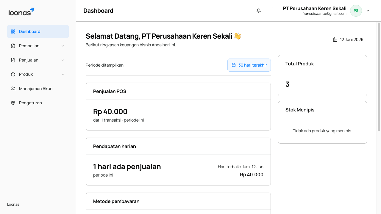 Dashboard Loonas — ringkasan penjualan harian, stok, dan invoice