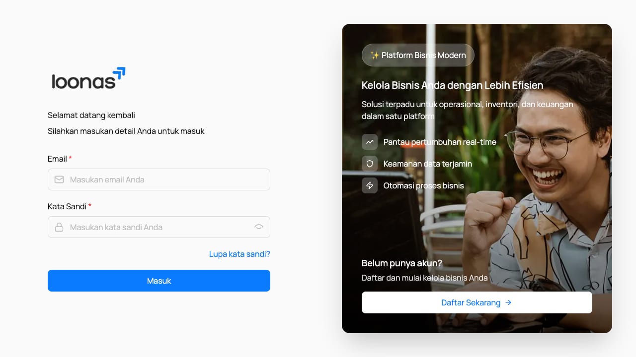 Halaman masuk dan daftar akun Loonas