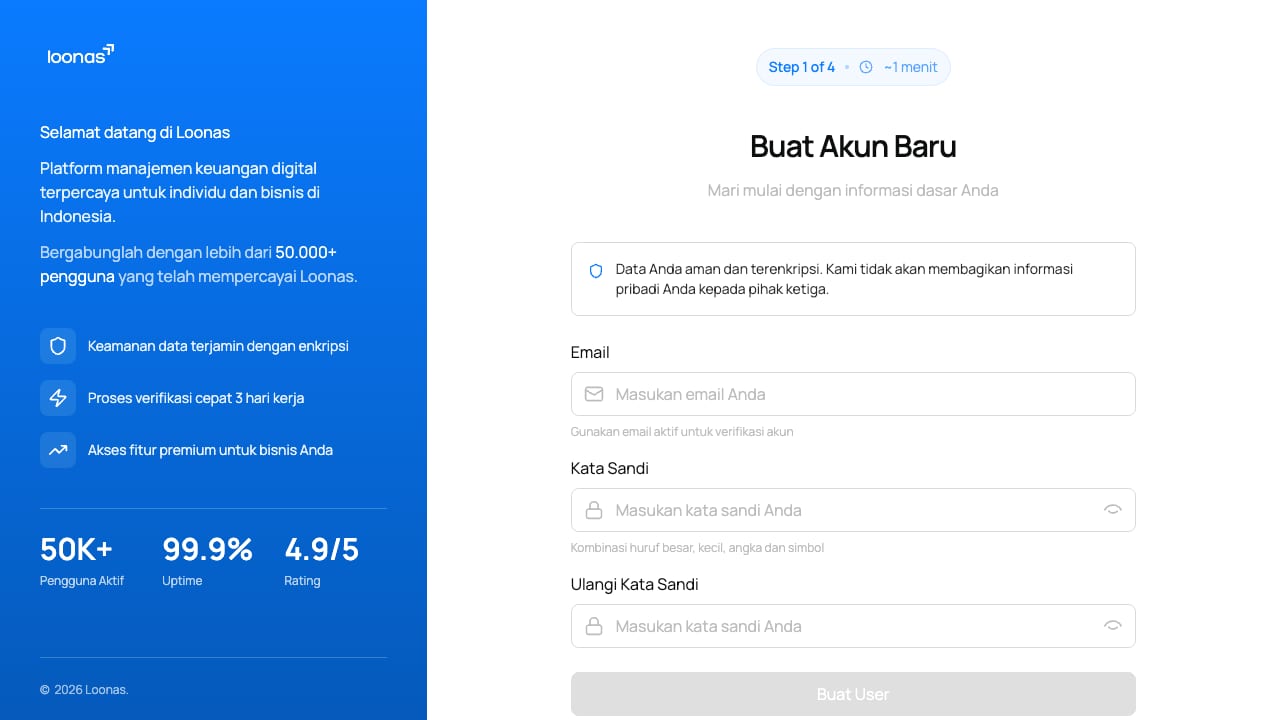 Form buat akun baru Loonas