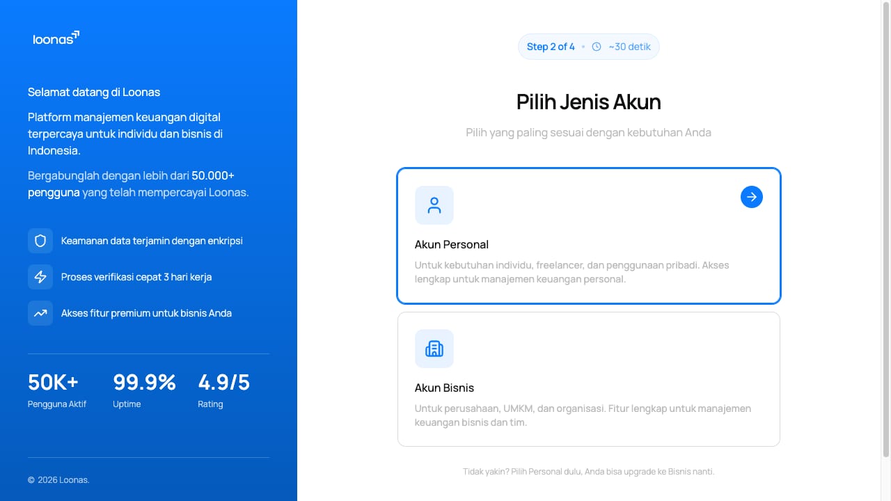 Pilih jenis akun Personal atau Bisnis