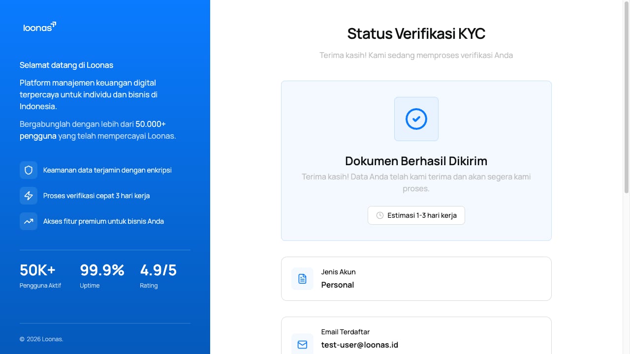 Status verifikasi KYC akun Loonas