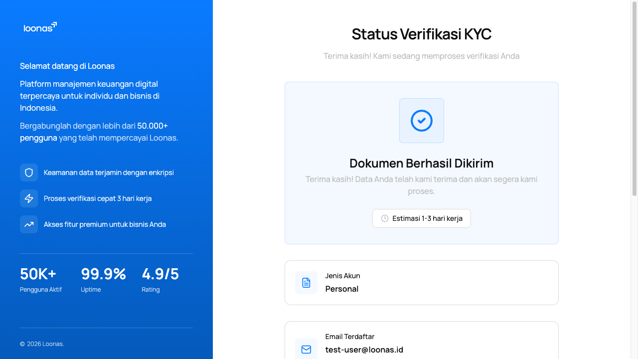 Status verifikasi KYC akun Loonas