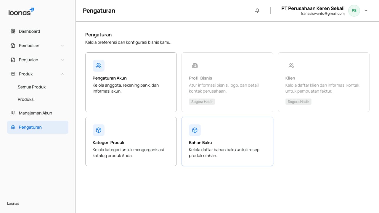Menu pengaturan bahan baku di Loonas