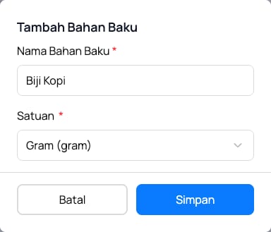 Form tambah bahan baku untuk resep