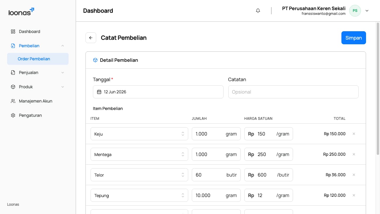 Catat pembelian bahan baku di Loonas