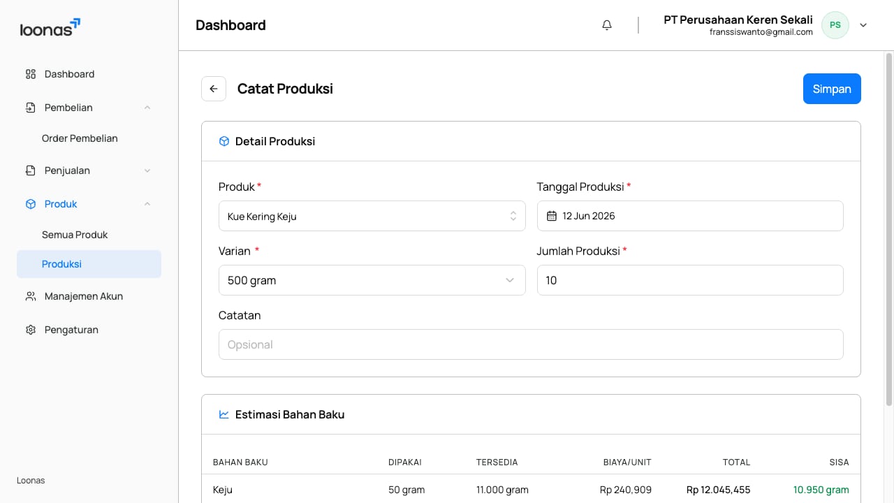 Form catat produksi produk olahan