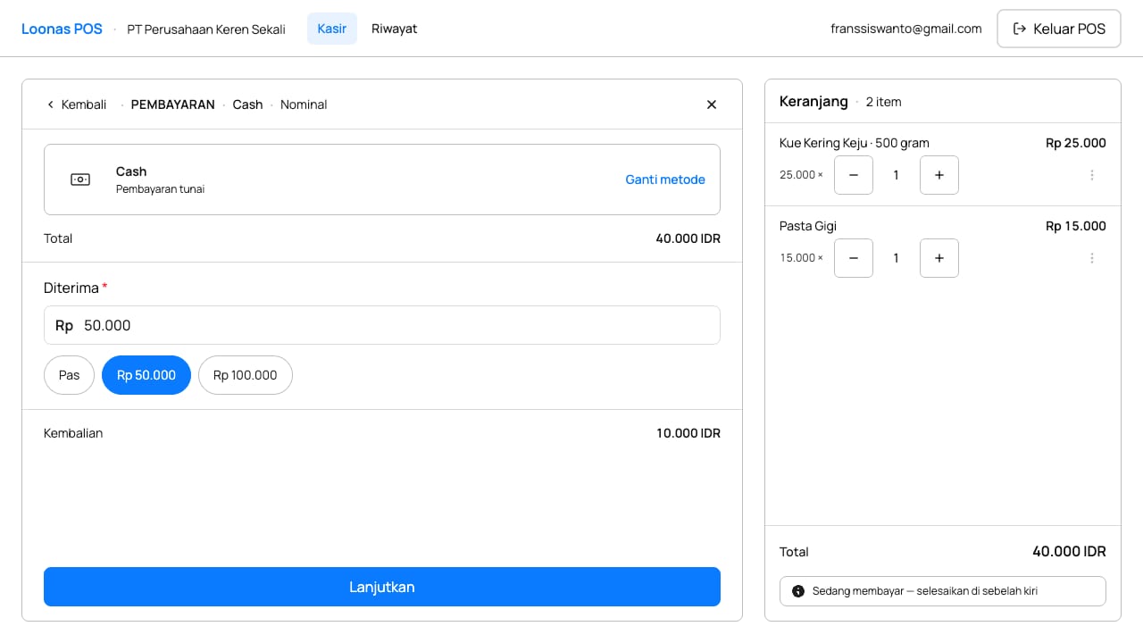 Input nominal uang diterima pembayaran cash