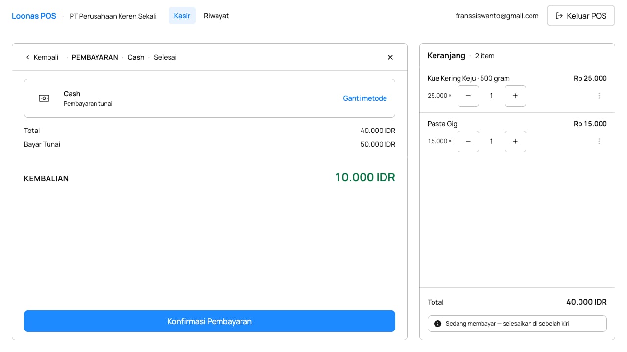 Konfirmasi pembayaran tunai di kasir