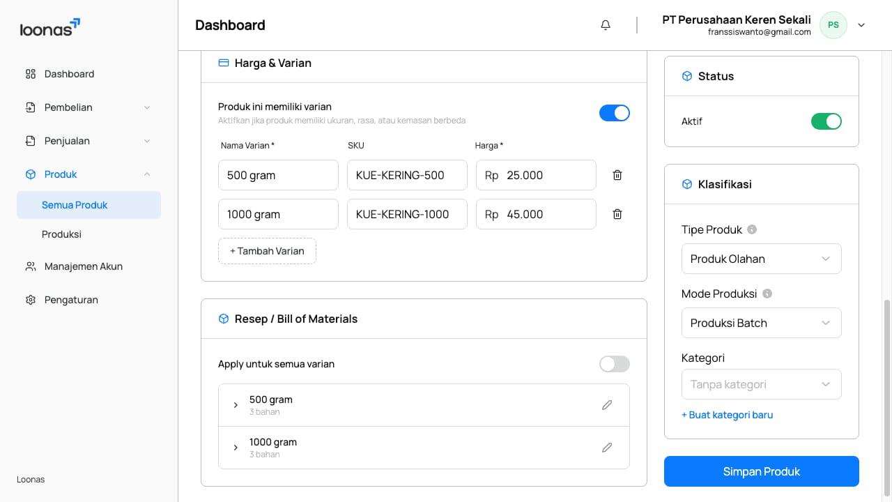 Manajemen varian produk dan Bill of Materials di Loonas