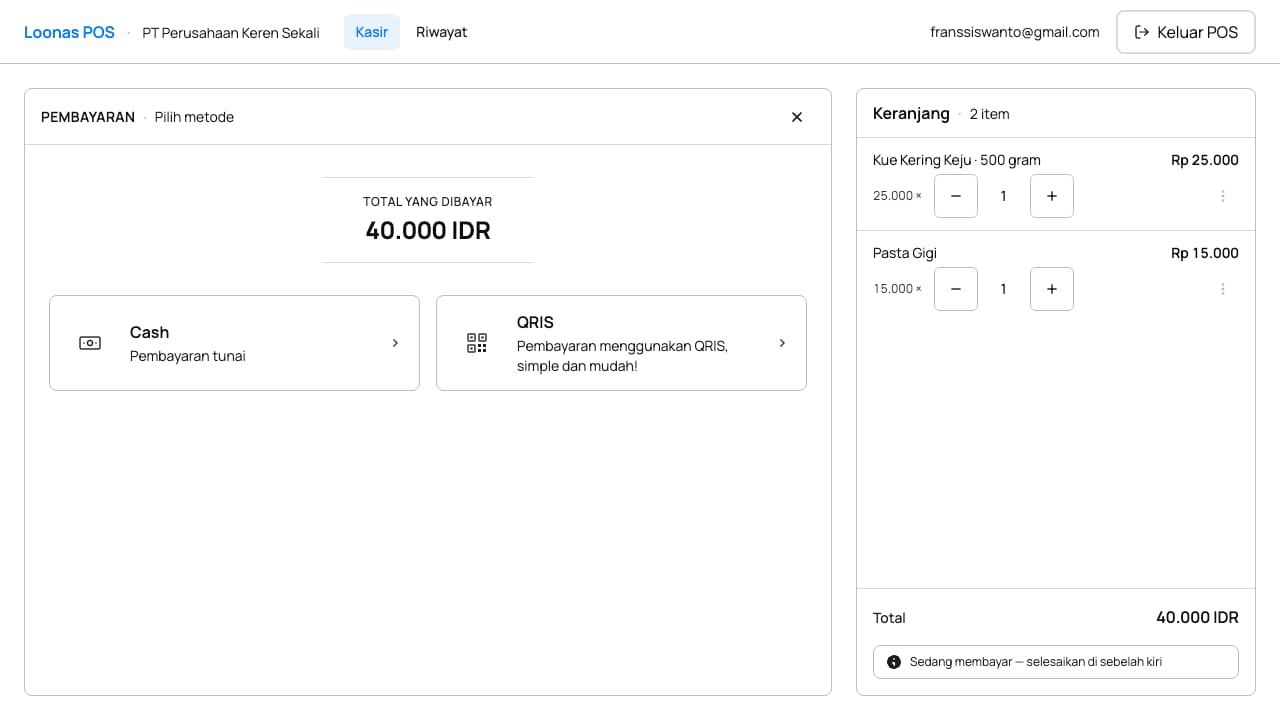 Pembayaran Cash atau QRIS di POS Loonas