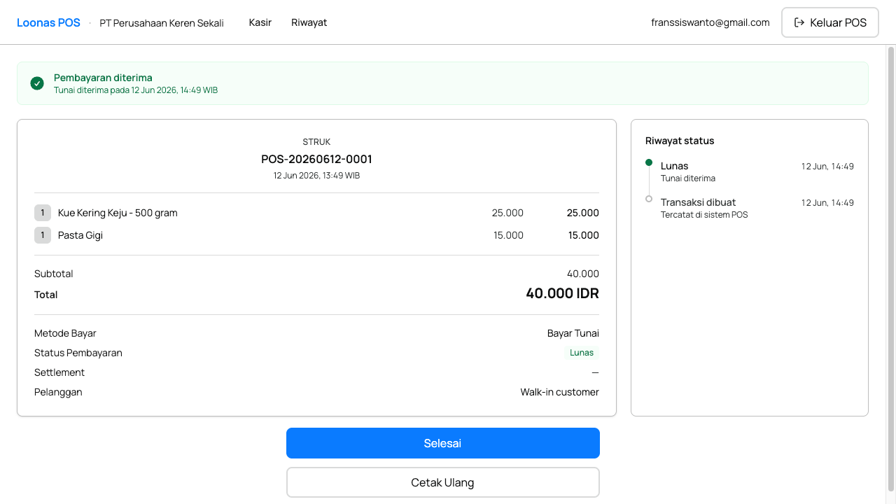 Struk transaksi lengkap dengan riwayat status pembayaran di Loonas